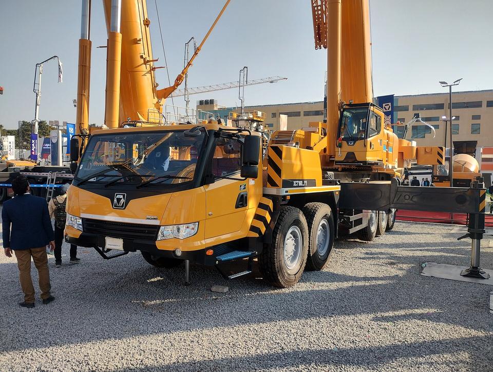 Yellow XCMG truck-mounted crane on display at EXCON 2025