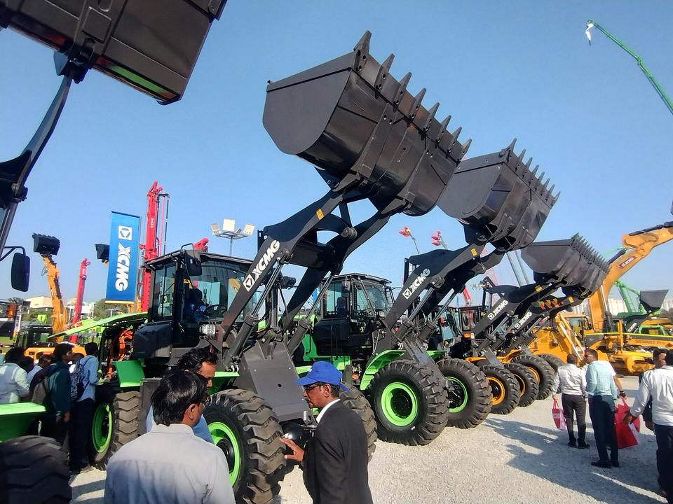 Wheel loader with its bucket raised at EXCON 2025