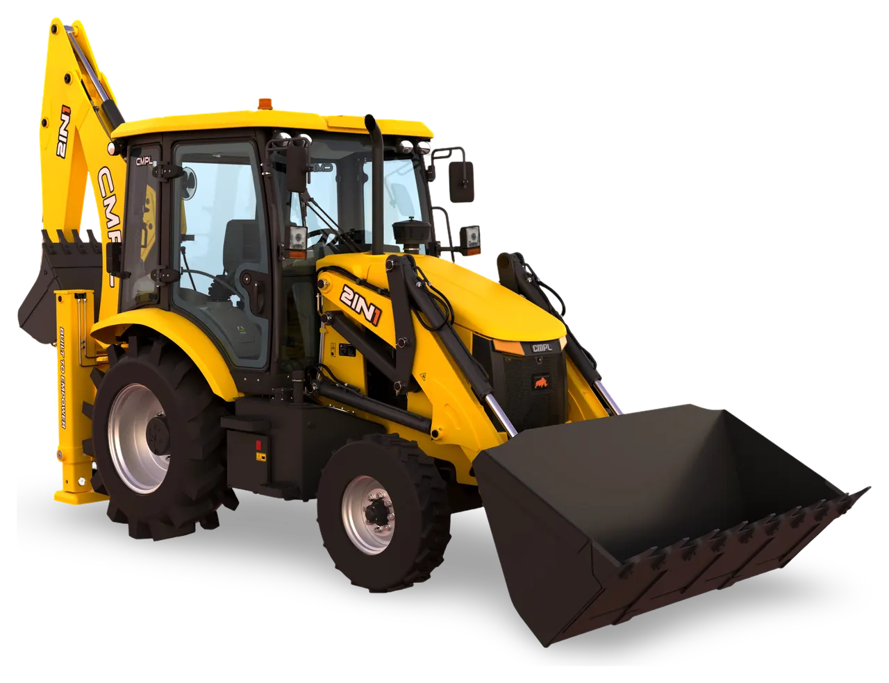 Yellow CMPL 2IN1 backhoe loader with front loader bucket and rear digging arm