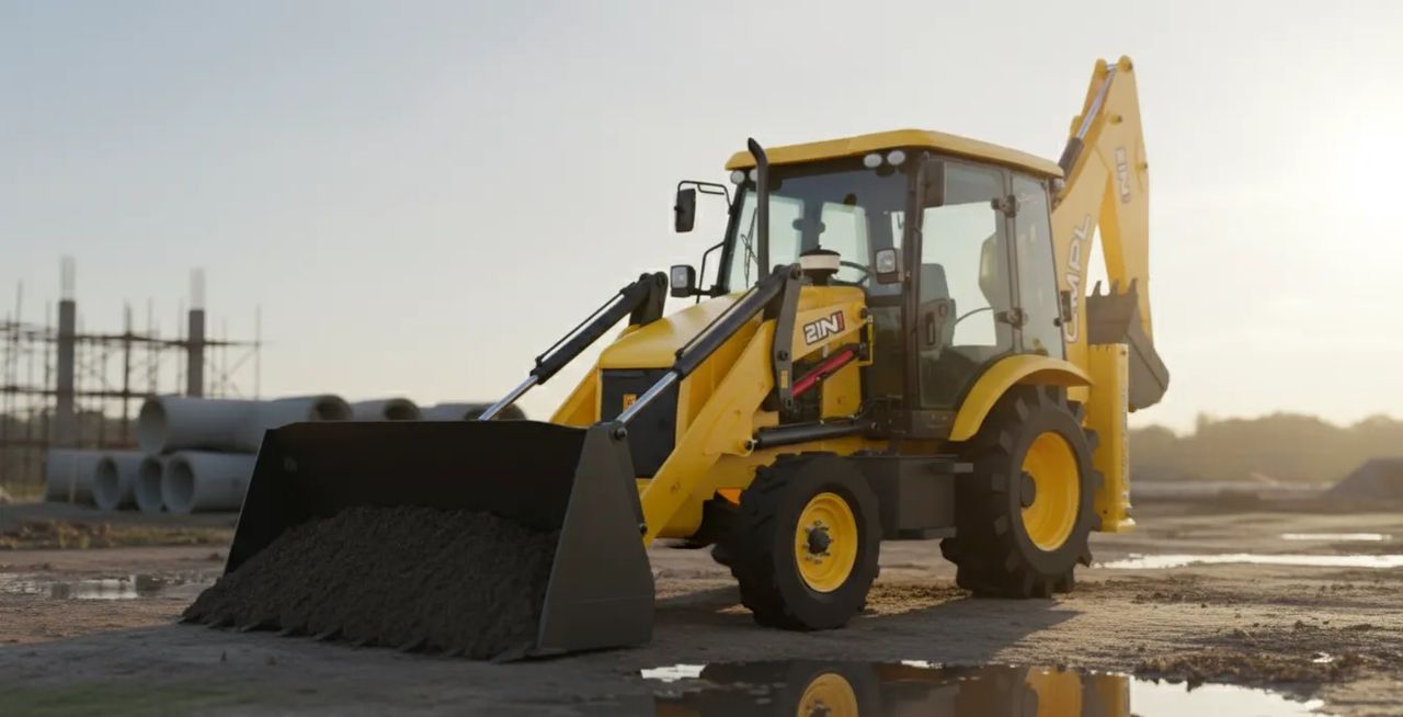 CMPL 2IN1 backhoe loader on a construction site with concrete pipes behind it