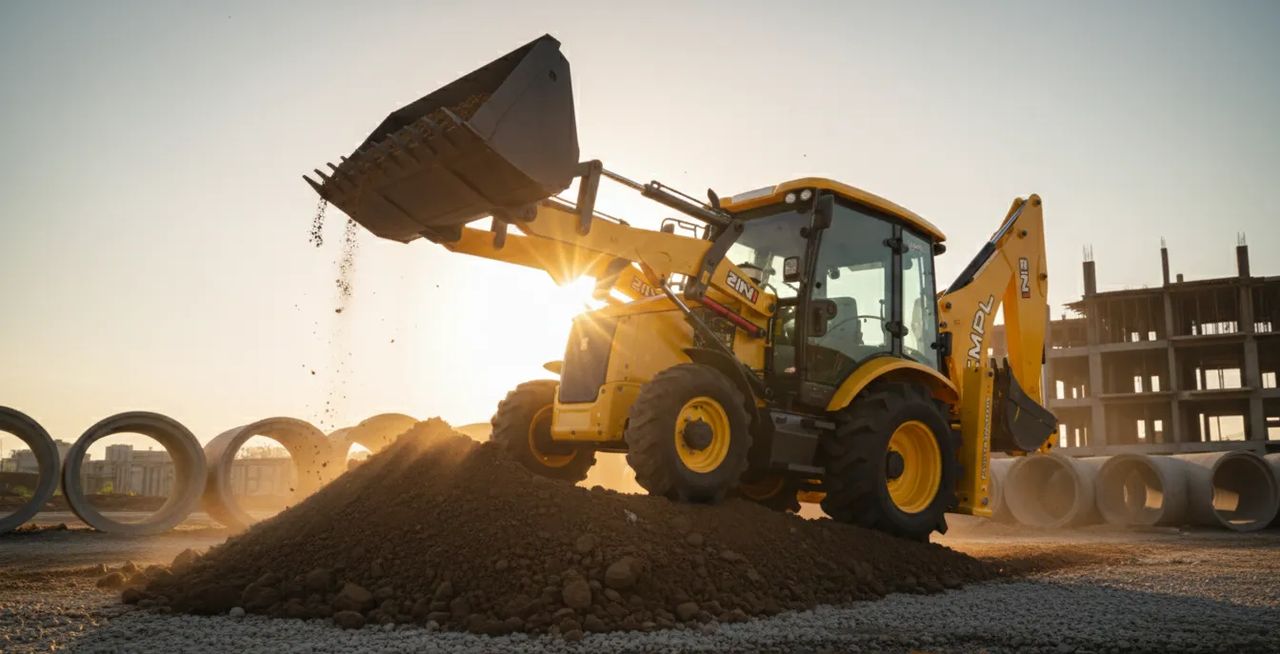 CMPL 2IN1 backhoe loader lifting soil with its front bucket on a construction site at sunset