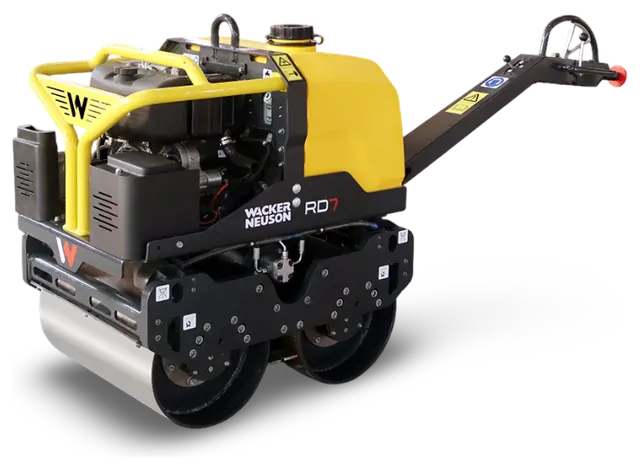 Yellow and black RD7Keh walk-behind double-drum roller