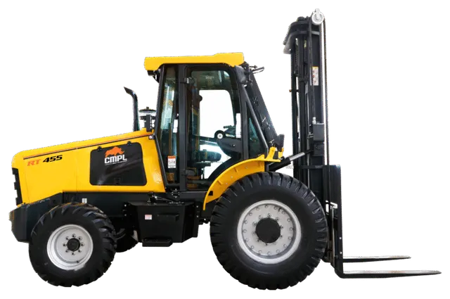 Yellow CMPL All Rounder RT455 rough-terrain forklift with mast and forks